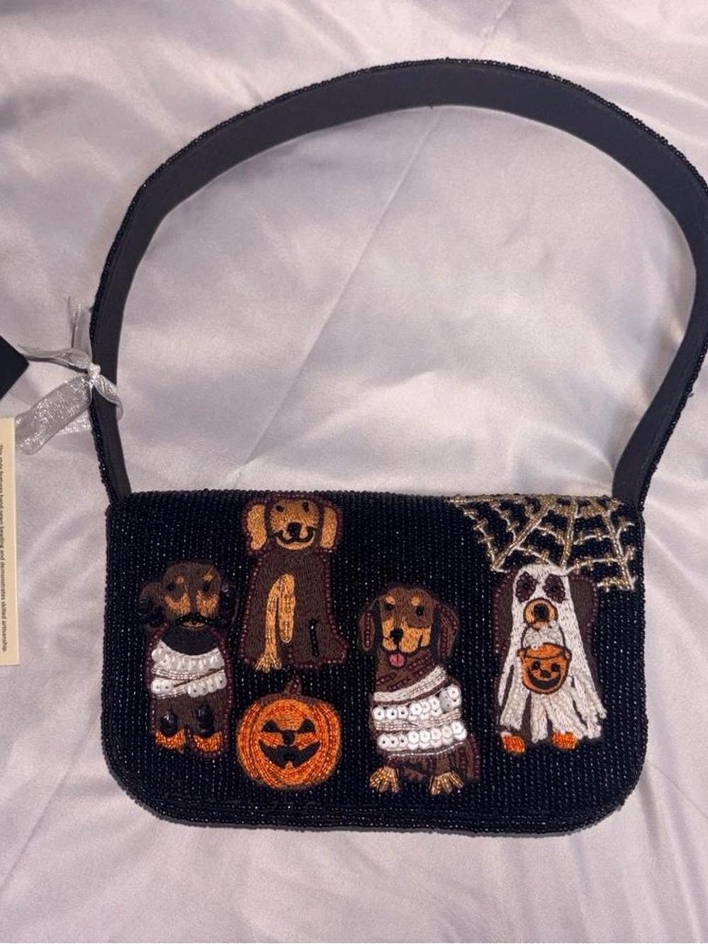 Beaded Black Halloween Dog Appliqué Shoulder Bag